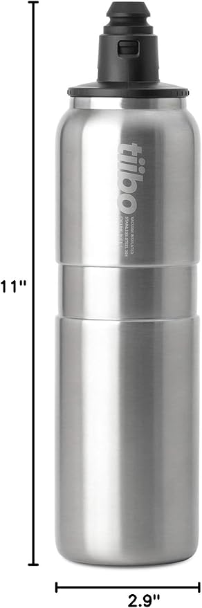 tiibo Vacuum Insulated Stainless Steel Bike Water Bottle, Double Wall, No-Squeeze, Fast Flow Sport Nozzle, Designed for Cycling, Biking, Fitness & Sports, Fits Most Bike Cages (Brushed, 23OZ)