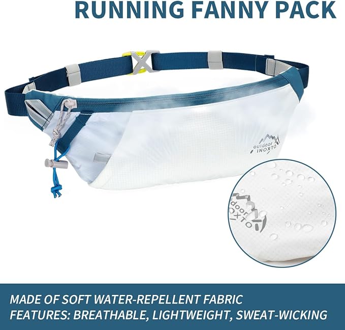 INOXTO Slim Running Belt Fanny Pack for Women and Men Sports Waist Bag Pack with 300ml Water Bottle for Running Walking Cycling Hiking Reflective Running Pouch Belt for All Phones (Black) (White Blue)