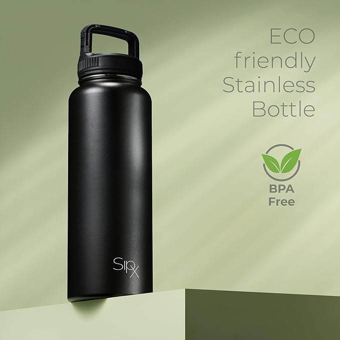 SIPX™ 40 oz Insulated Water Bottle with 3 Lids – Leakproof Stainless Steel, Triple Insulated – Cold 24 Hours/Hot 12 Hours – Durable Bottle for School, Gym, Travel – Black