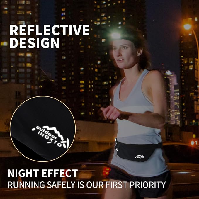 INOXTO Slim Running Belt Fanny Pack for Women and Men Sports Waist Bag Pack with 300ml Water Bottle for Running Walking Cycling Hiking Reflective Running Pouch Belt for All Phones (Black) (Black)