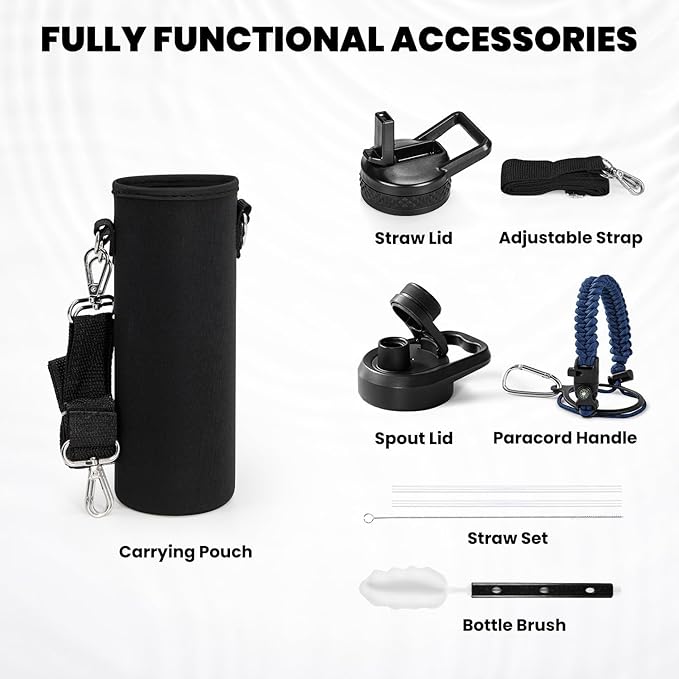 Insulated Water Bottle 24oz, Triple Wall Vacuum Stainless Steel (Cold for 48 Hrs, Hot for 24Hrs), Leak Proof & Non-BPA, 24oz Hydro Water Flask with Paracord Handle & Straw Spout Lids