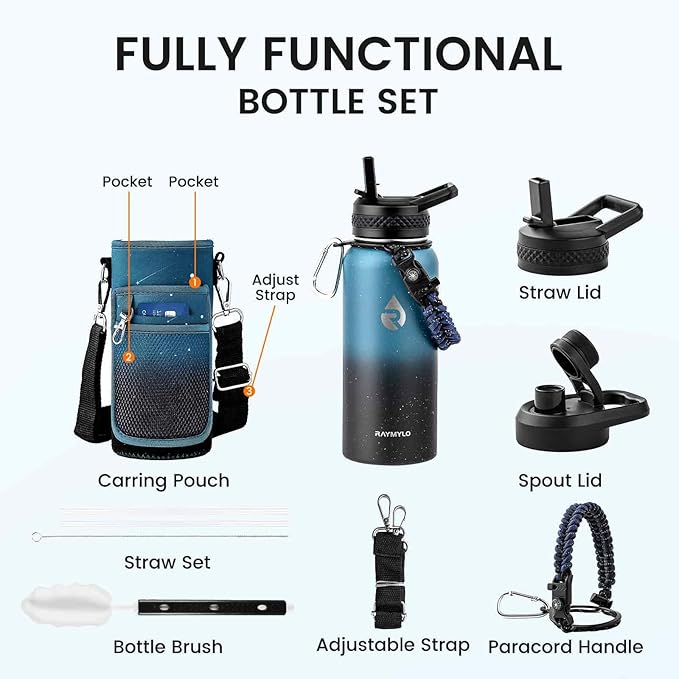 32oz Insulated Water Bottle, Triple Wall Vacuum Stainless Steel Water Bottles - Keeps Cold 48H, Reusable Metal water flask Jug for Gym, Sports, Camping, Hiking,Travel, Starry Sky-Indigo/Black
