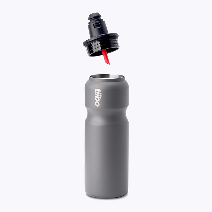 tiibo Vacuum Insulated Stainless Steel Bike Water Bottle, Double Wall, No-Squeeze, Fast Flow Sport Nozzle, Designed for Cycling, Biking, Fitness & Sports, Fits Most Bike Cages (Gray, 17OZ)