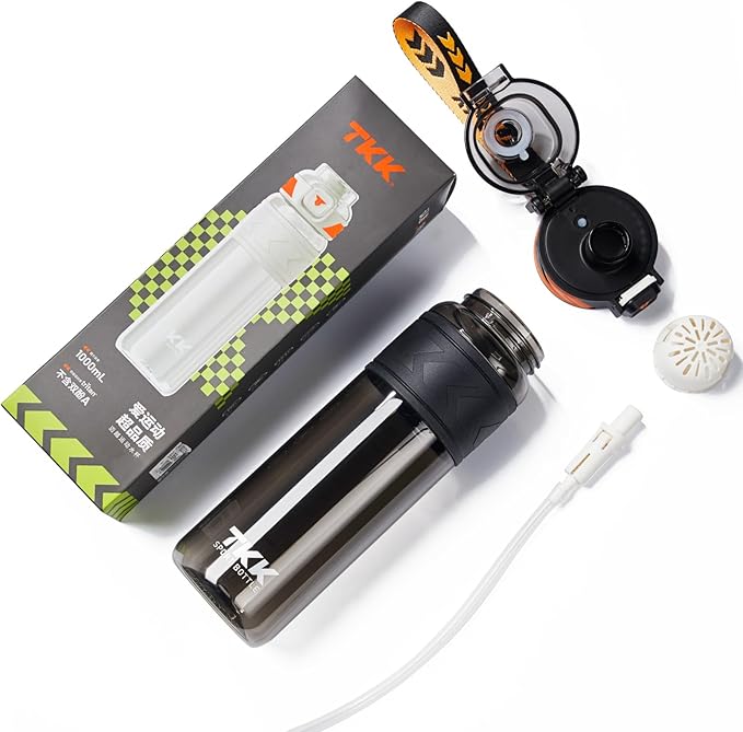 TKK Sports Water Bottles with Removable Straw 34 oz Leak-proof Flip Top Lid BPA Free Tritan Bottles with Strap for School, Fitness, Gym, Outdoor, Orange-Black