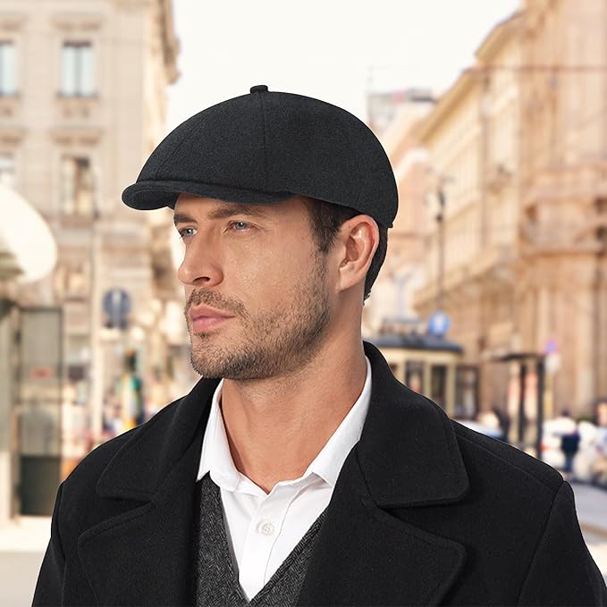 Men's Wool Blend Newsboy Cap Adjustable Gatsby Ivy Newsies Cabbie Hat Classic 8 Panel Tweed Flat Winter Hat