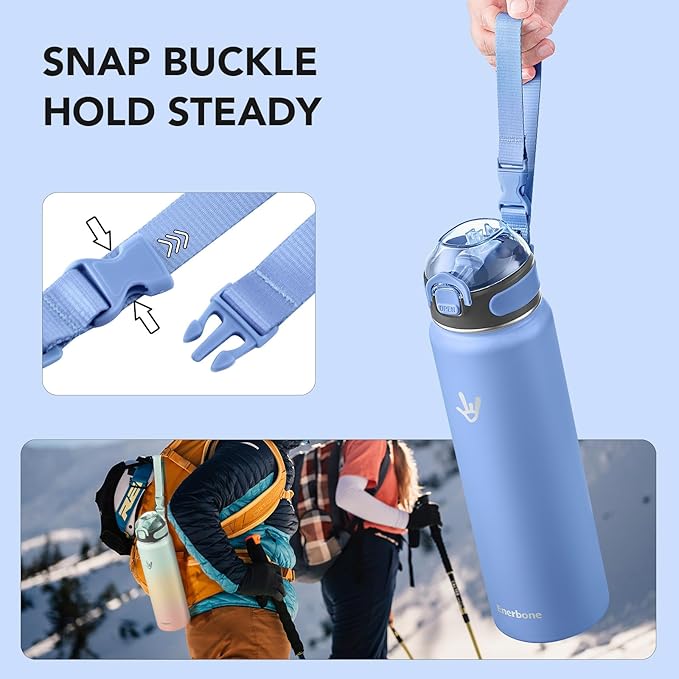 Enerbone 32 oz Insulated Water Bottle, Stainless Steel Bottle with Carrying Strap, Double-Wall Vacuum Insulation Design, Leakproof Sports Bottle with Straw, Keep Drinks Cold or Hot for Hours