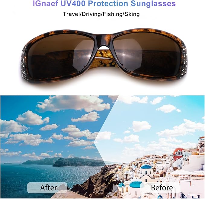 IGnaef Polarized Sunglasses for Women, Rhinestone Women Sunglasses UV400 Protection for Driving/Fishing/Shopping