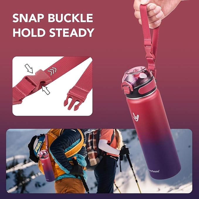 Enerbone 24 oz Insulated Water Bottle, Stainless Steel Bottle with Carrying Strap, Double-Wall Vacuum Insulation Design, Leakproof Sports Bottle with Straw, Keep Drinks Cold or Hot for Hours