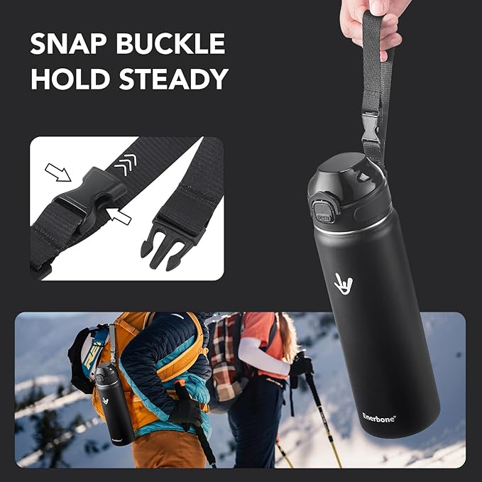 Enerbone 24 oz Insulated Water Bottle, Stainless Steel Bottle with Carrying Strap, Double-Wall Vacuum Insulation Design, Leakproof Sports Bottle with Straw, Keep Drinks Cold or Hot for Hours