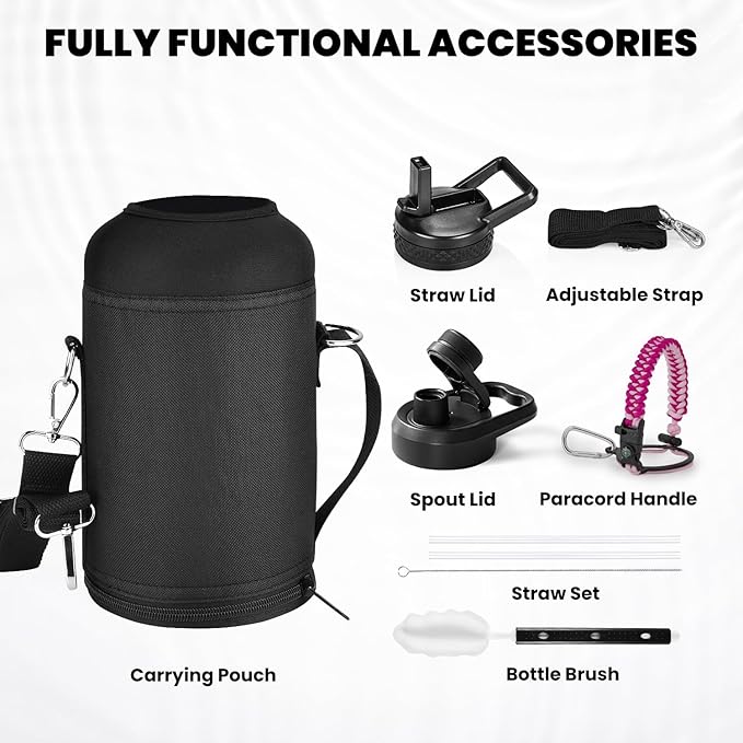 Insulated Water Bottle 64 oz, Triple Wall Vacuum Stainless Steel (Cold for 48 Hrs), Leak Proof & Non-BPA, Half Gallon Water Flask Jug with Paracord Handle & Straw Spout Lids, Ombre Pink
