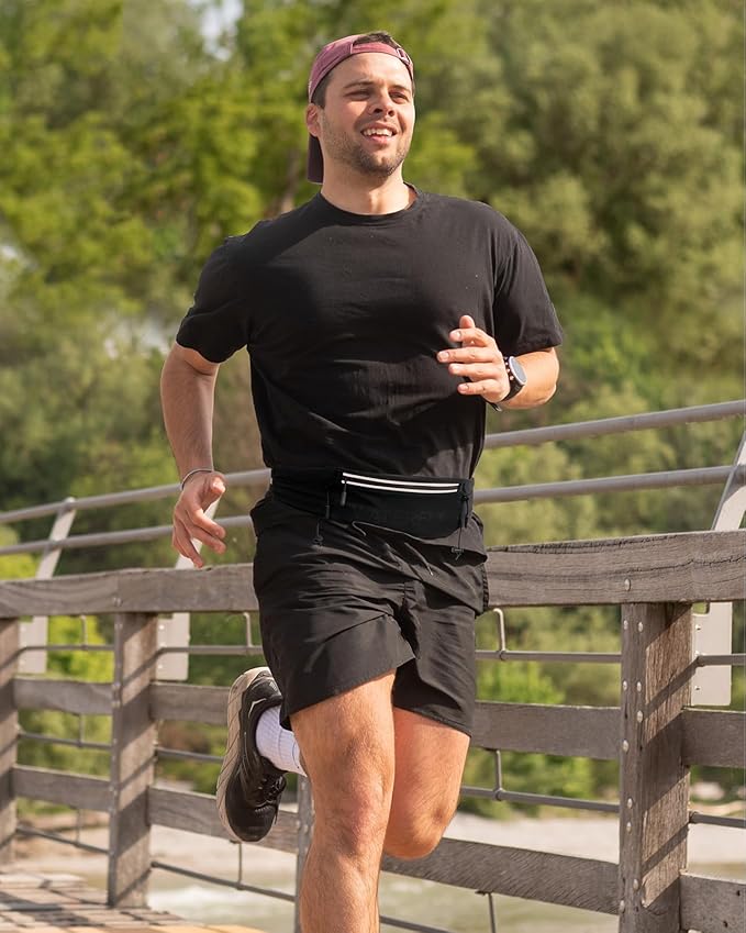 WATERFLY Running Belt Fanny Pack: Breathable 3 Pocket Waist Bag for Men Women Workout Exercise Fitness Phone Holder Fits All Phones - Runner Marathon Jogging Race Belt with Bib Clip Black