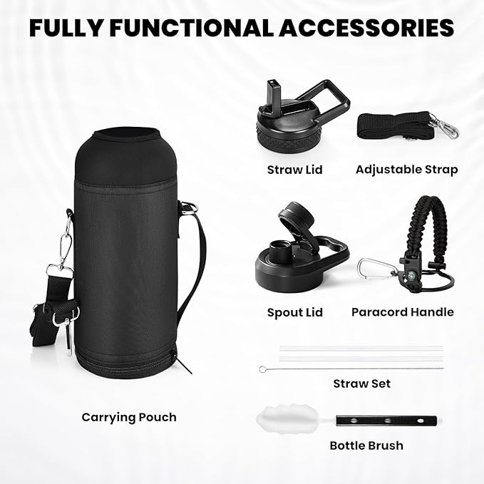 Insulated Water Bottle 32 oz, Triple Wall Vacuum Stainless Steel (Cold for 48 Hrs), Leak Proof & Non-BPA, Modern Water Flask Jug with Paracord Handle & Straw Spout Lids, Magic Black