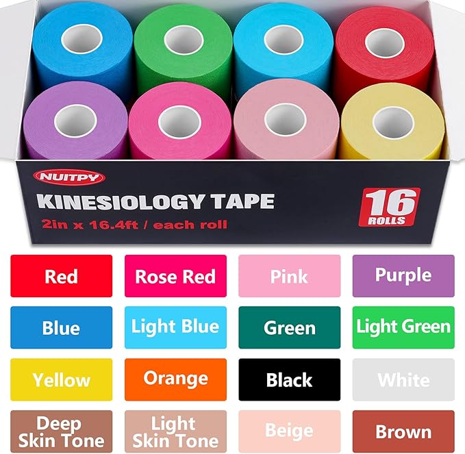 16 Rolls Kinesiology Tape, 16 Colors 2 inch x 16.4 Feet Waterproof Athletic Tape, Uncut Kinetic Tape, Elastic Muscle Tape, Sports Tape, Knee Tape for Exercise and Daily Use
