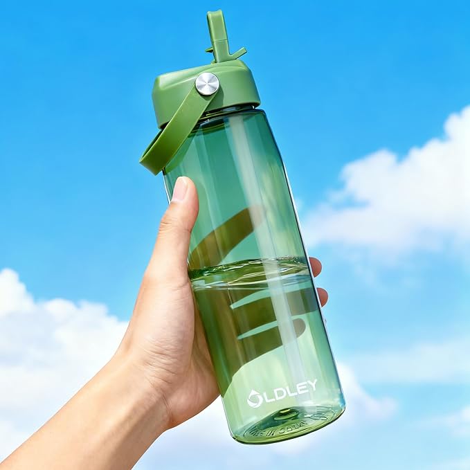 OLDLEY 32 oz Water Bottle with Straw, Leakproof Sports Water Bottle with Carry Strap, BPA-Free Large Water Bottles for Home,Travel, School, Outdoors, Gym, Tritan, Olive Green