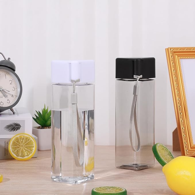 16 PCS Plastic Water Bottle Bulk 15oz Reusable Sports Water Bottle with Handle Strap, Leakproof Lightweight Portable Waterbottle for School Gym Fitness Travel (Black&White, Rectangle)