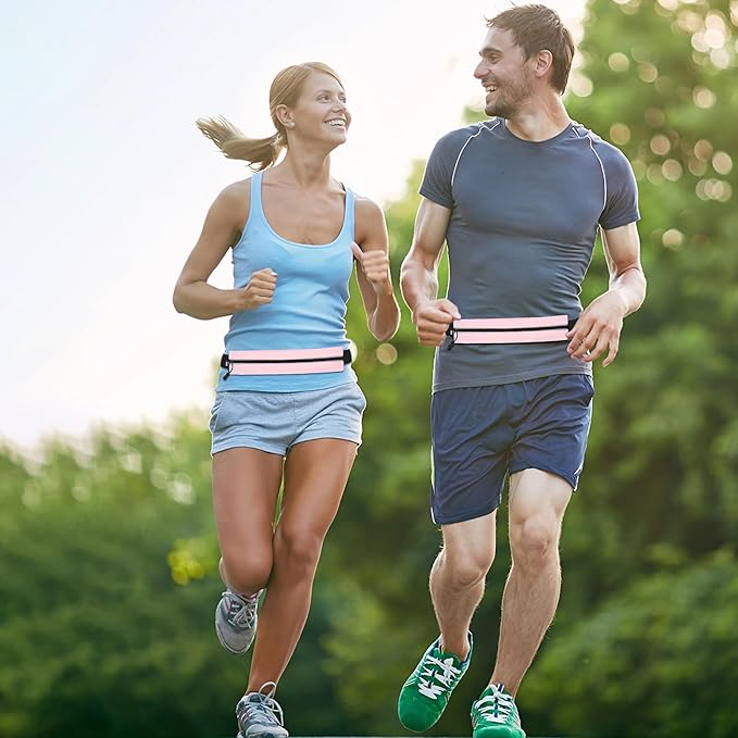 Slim Running Belt For Men and Women Waist Fanny Pack Phone Holder Pouch Bag Reflective Zipper Pocket Workout Cycling Fitness Light Pink