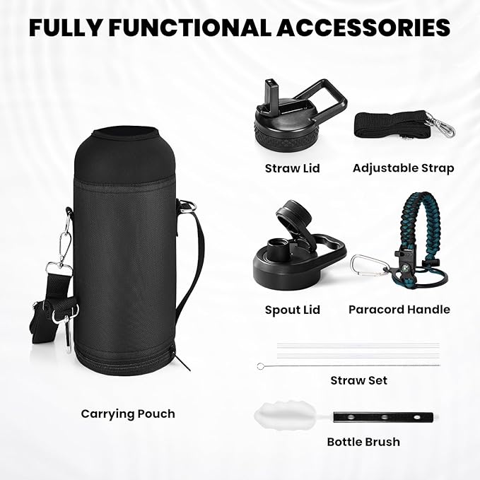 Insulated Water Bottle 40 oz, Triple Wall Vacuum Stainless Steel (Cold for 48 Hrs), Leak Proof & Non-BPA, Modern Water Flask Jug with Paracord Handle & Straw Spout Lids, Indigo/Black