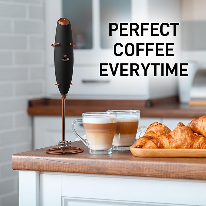 Zulay Kitchen Tornado Whisk Milk Frother with 4 AA Duracell Batteries - Triple Whisk for More Power - Handheld Coffee Frother with Stand - Drink Mixer for Lattes, Matcha & Protein Shakes