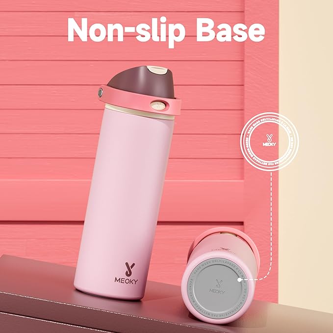 24 oz Insulated Water Bottle for Sports: Meoky Stainless Steel Water Bottle with Straw and Spout Lid - Leak Proof, Cold for 24 Hours, Fits in Car Cup Holder, BPA-Free for Women Travel, Angel Food Cake