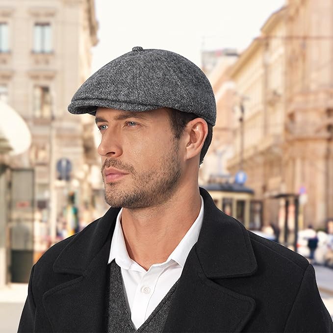 Men's Wool Blend Newsboy Cap Adjustable Gatsby Ivy Newsies Cabbie Hat Classic 8 Panel Tweed Flat Winter Hat