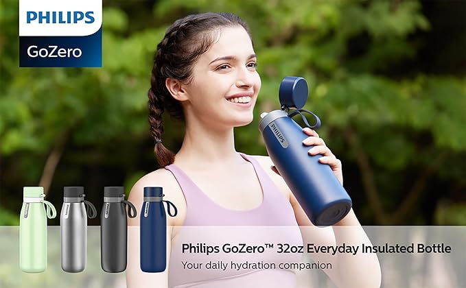 PHILIPS Water Bottle with Filter, Filter Water Bottle Stainless Steel with GoZero Everyday BPA-Free Tap Water Filter, Water Filter Bottle Keep Drink Cold 24 Hours, 1 Filter for 40 gal / 2 Months