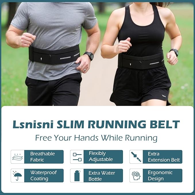 Lsnisni Slim Running Belt for Men and Women, Running Waist Pack with Water Bottle & Towel, Multi Pocket Fanny Pack - Phone Holder, Adjustable for Running, Climbing - Large
