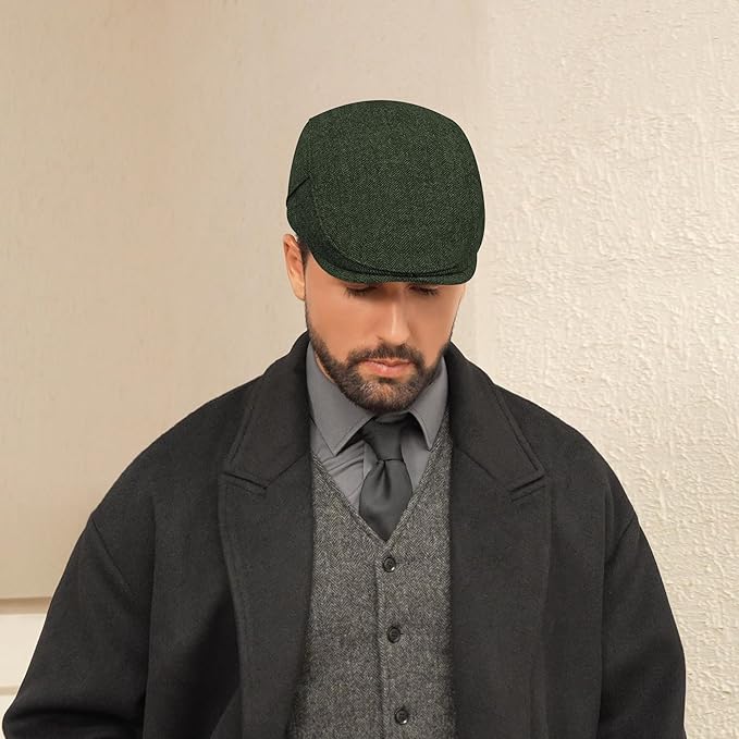 Men's Newsboy Cap Wool Blend Classic Herringbone Tweed Flat Caps Gatsby Cabbie Hats Ivy Irish Hat