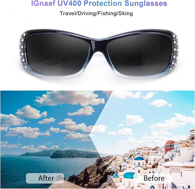 IGnaef Polarized Sunglasses for Women, Rhinestone Women Sunglasses UV400 Protection for Driving/Fishing/Shopping