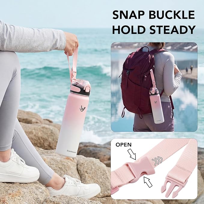 Enerbone 32 oz Insulated Water Bottle, 32oz 2 Lids (with Straw/No Straw), Stainless Steel Double Wall Flask for Hot & Cold Drinks, Leakproof Travel Bottle for Gym, Office, Hiking