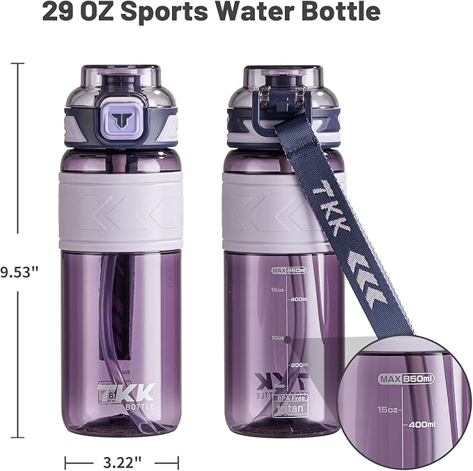 TKK Sports Water Bottles with Removable Straw 29 oz Leak-proof Flip Top Lid BPA Free Tritan Bottles with Strap for School, Fitness, Gym, Outdoor, Purple