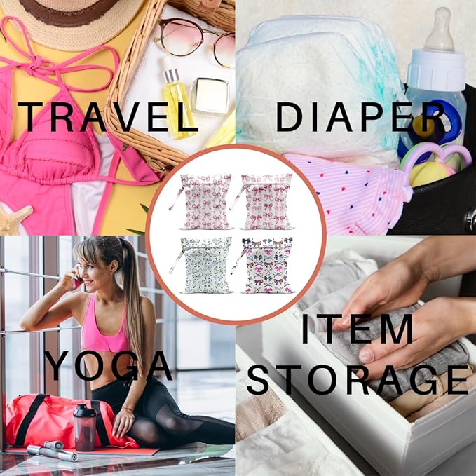 4 Pack Cute Pink Blue Bow Watercolor Leopard Bow Wet Bag Waterproof Reusable Wet Dry Bag for Swimsuit Dirty Clothes Diaper Beach Pool Gym Party Camping Toiletries Gift for Women Mom Birthday Christmas