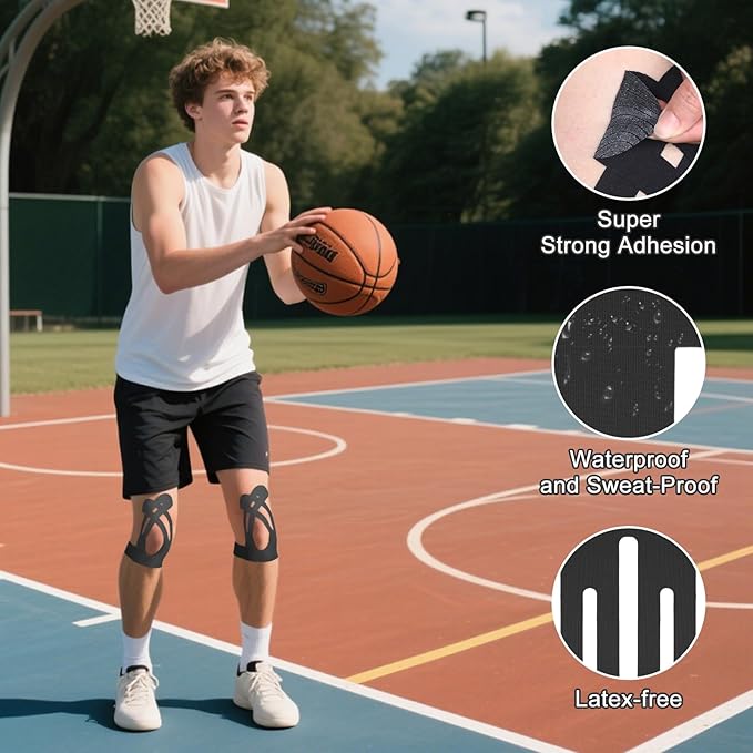 10 Pcs Precut Kinesiology Tape for Knees,Kinesiology Ankle Tape,Waterproof Elastic Knee Kinetic Tape,Breathable Latex-Free Tape for Knee Support and Stability,Pain Relief(Black)