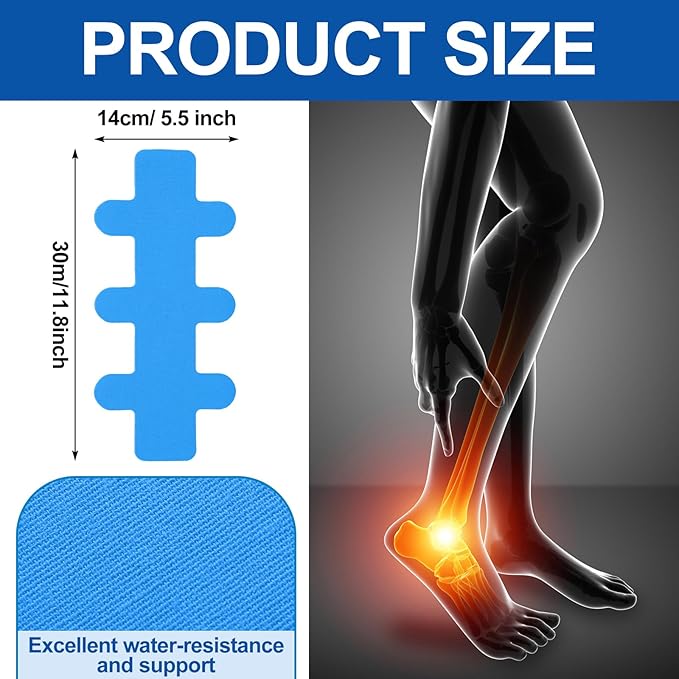 30 Pcs Achilles Tendonitis Kinesiology Tape Precut Achilles Tendon Ankle Tape Latex Free for Sprained Ankle Relief Muscle Support Foot Pain Athletic Sport(Blue)