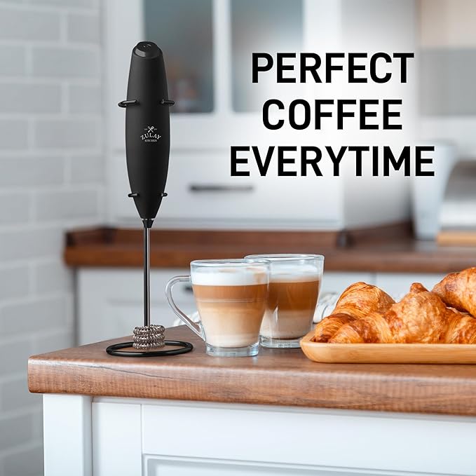 Zulay Kitchen Tornado Whisk Milk Frother with 4 AA Duracell Batteries - Triple Whisk for More Power - Handheld Coffee Frother with Stand - Drink Mixer for Lattes, Matcha & Protein Shakes