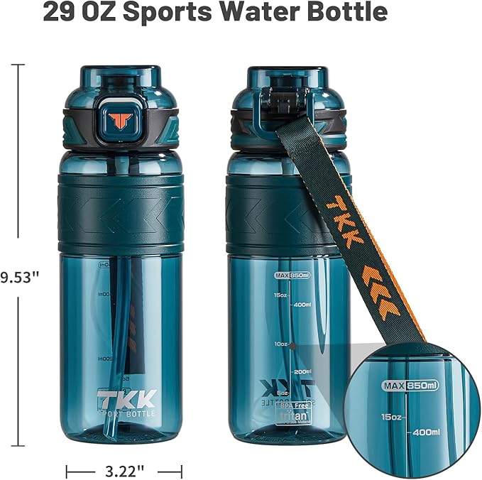 TKK Sports Water Bottles with Removable Straw 29 oz Leak-proof Flip Top Lid BPA Free Tritan Bottles with Strap for School, Fitness, Gym, Outdoor, Green