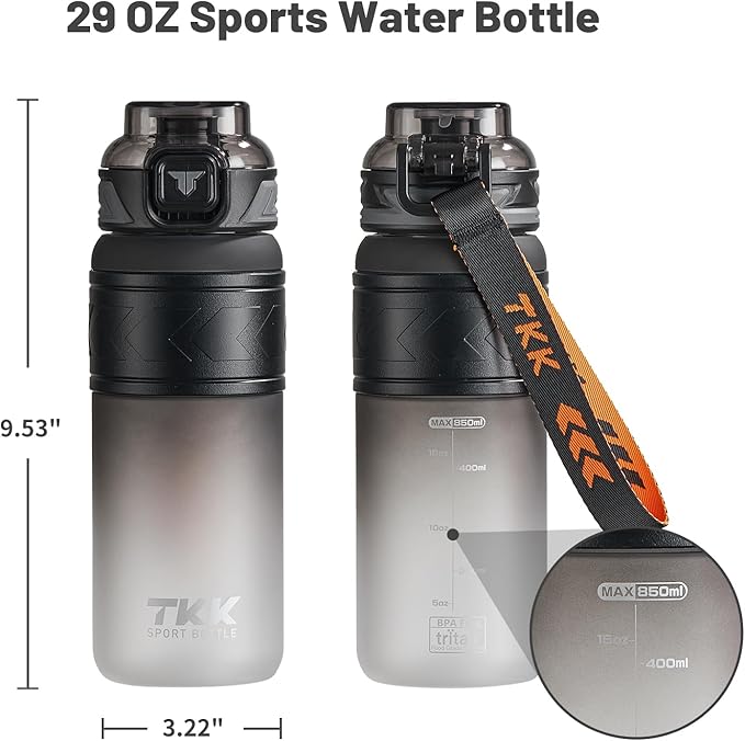 TKK Sports Water Bottles with Removable Straw 29 oz Leak-proof Flip Top Lid BPA Free Tritan Bottles with Strap for School, Fitness, Gym, Outdoor, Black-White