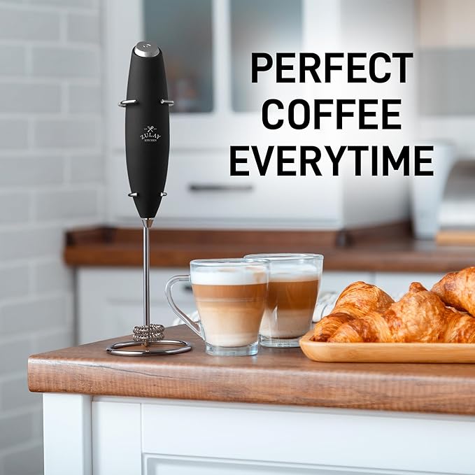 Zulay Kitchen Powerful Double Whisk Milk Frother Handheld - Foam Maker With Stand - Whisk Drink Mixer for Coffee, Mini Foamer for Latte, Matcha, Frappe, Hot Chocolate & Cappuccino (Black)
