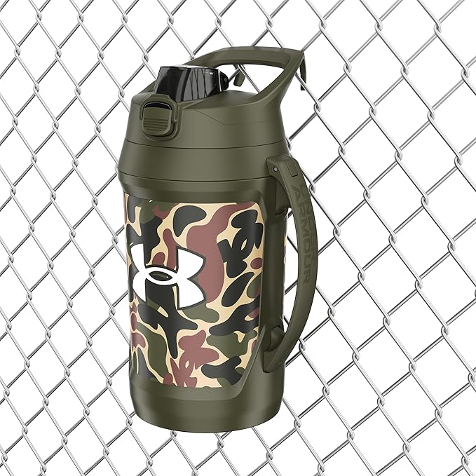 Under Armour Half Gallon Water Bottle Insulated, 64oz Insulated Water Bottle with Handle, Fence Hook, Leak Resistant, for Baseball, Football & More, Green Hyper Camo