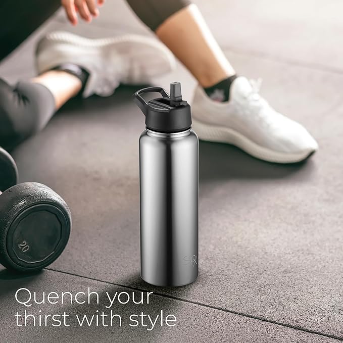 SIPX™ 40 oz Insulated Water Bottle with 3 Lids – Leakproof Stainless Steel, Triple Insulated – Cold 24 Hours/Hot 12 Hours – Durable Bottle for School, Gym, Travel – Stainless