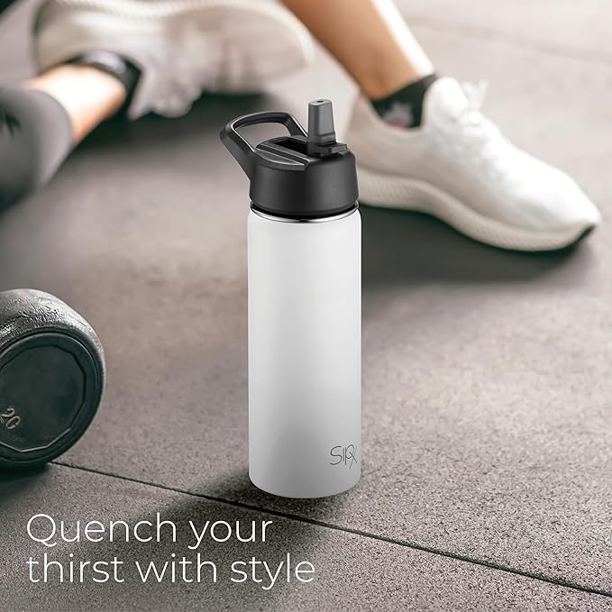 SipX™ 18 oz Insulated Water Bottle with 3 Lids – Leakproof Stainless Steel, Triple Insulated – Cold 24 Hours/Hot 12 Hours – Durable Bottle for School, Gym, Travel – White