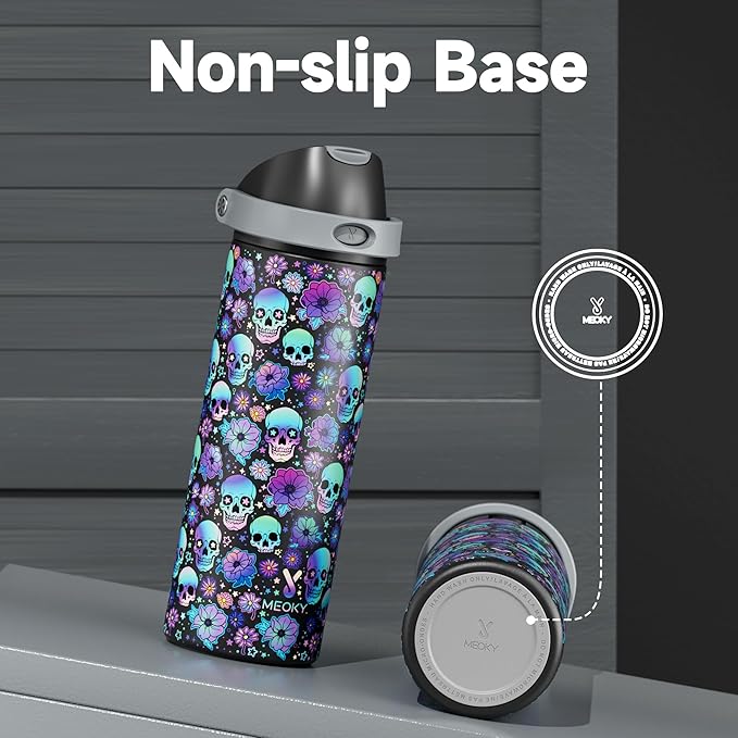24 oz Insulated Water Bottle with Straw: Meoky Stainless Steel Water Bottle with 2-in-1 Straw and Spout Lid - Leak Proof, Fits in Car Cup Holder, BPA-Free for Travel Gym, Spooky Petals