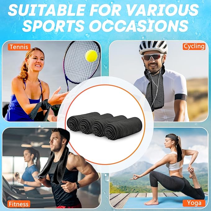 4 Pack Cooling Towels (40"x 12"), Soft Breathable Gym Towels, Outdoors Ice Towel for Neck and Face, Camp Essentials Microfiber Sweat Towels for Gym, Run, Yoga, Workout, Travel, Climb