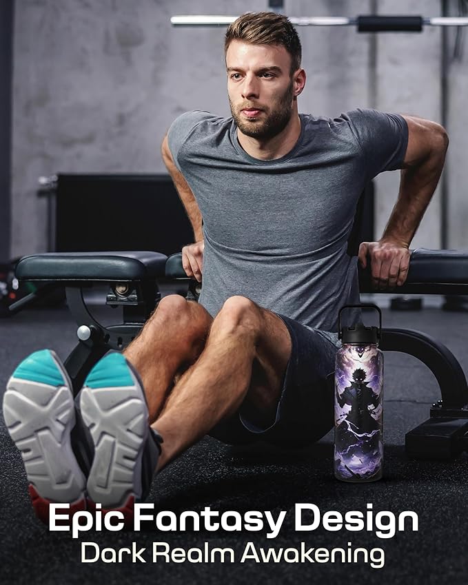 Insulated Water Bottle 40 oz –Hot and Cold Coffee Travel Drinks, Leakproof Sports Gaming & Gym Bottles, Large and Small Reusable Stainless Steel Flask with Straw – Dark Realm Awakening