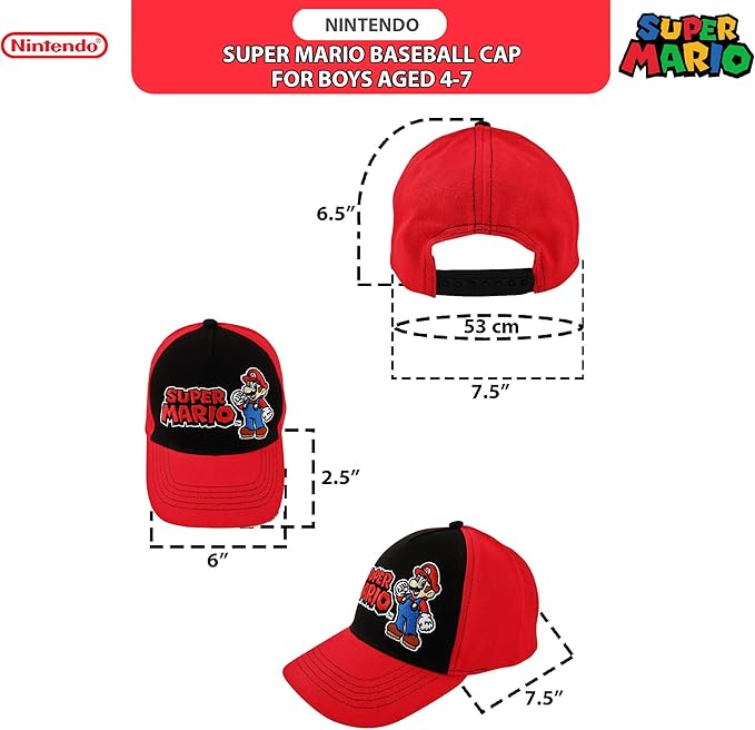 Nintendo Boys Baseball Cap, Super Mario Adjustable Kids Hat for Ages 4-7