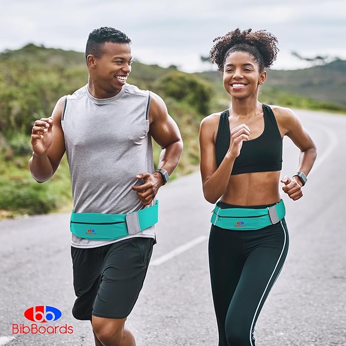 BibBoards Running Belt, Turquoise | No-Bounce, Water & Sweat-Resistant Fanny Pack for Phone, Keys, Cards | Adjustable Waist 38”-48” | Lightweight for Running, Cycling, Hiking, Marathons and Races