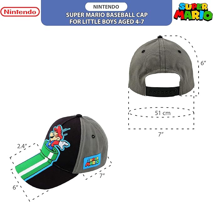 Nintendo Boys Baseball Cap, Super Mario Adjustable Kids Hat for Ages 4-7