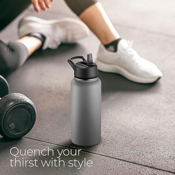 SIPX™ 32 oz Insulated Water Bottle with 3 Lids – Leakproof Stainless Steel, Triple Insulated – Cold 24 Hours/Hot 12 Hours – Durable Bottle for School, Gym, Travel – Grey