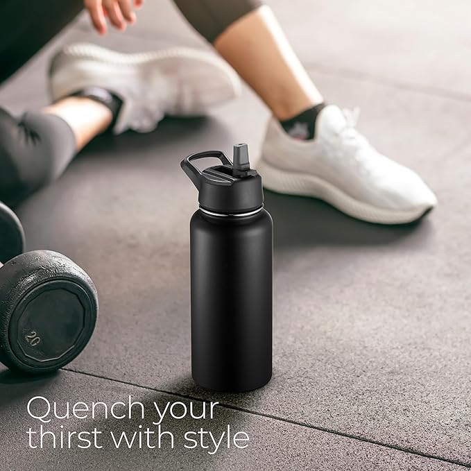 SIPX™ 32 oz Insulated Water Bottle with 3 Lids – Leakproof Stainless Steel, Triple Insulated – Cold 24 Hours/Hot 12 Hours – Durable Bottle for School, Gym, Travel – Black