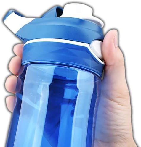 DEARART 2-Pack Blue and Grey Water Bottles No Straw, 100% Leakproof Lockable Button Flip Up Lid Clear Bottle, Has Handle Easy Carry for Sport Office School, 20oz.