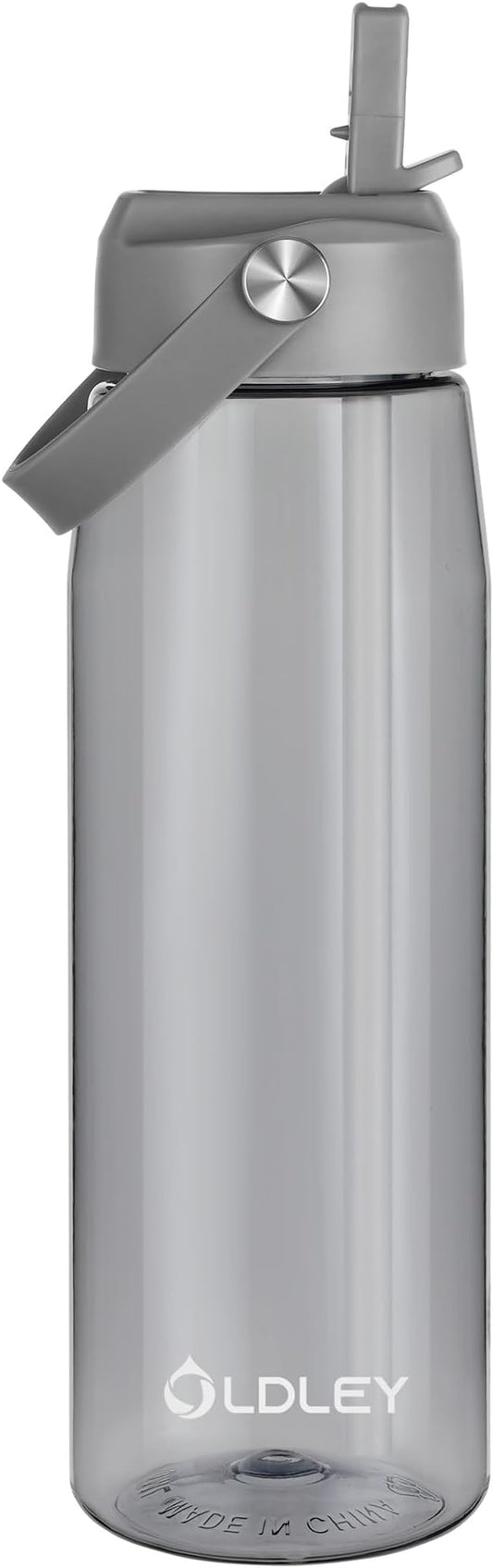 OLDLEY 32 oz Water Bottle with Straw, Leakproof Sports Water Bottle with Carry Strap, BPA-Free Large Water Bottles for Home,Travel, School, Outdoors, Gym, Tritan, Gray